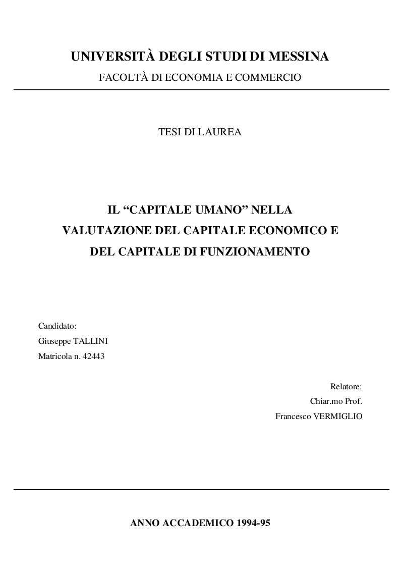Anteprima della tesi: Il Capitale Umano nella valutazione del Capitale Economico e del Capitale di Funzionamento, Pagina 1