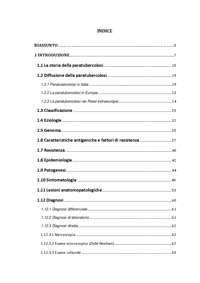 Indice della tesi: Ricerca di MAP nella fauna selvatica (Cervus elaphus). Isolamento e genotipizzazione da campioni di campo, Pagina 1