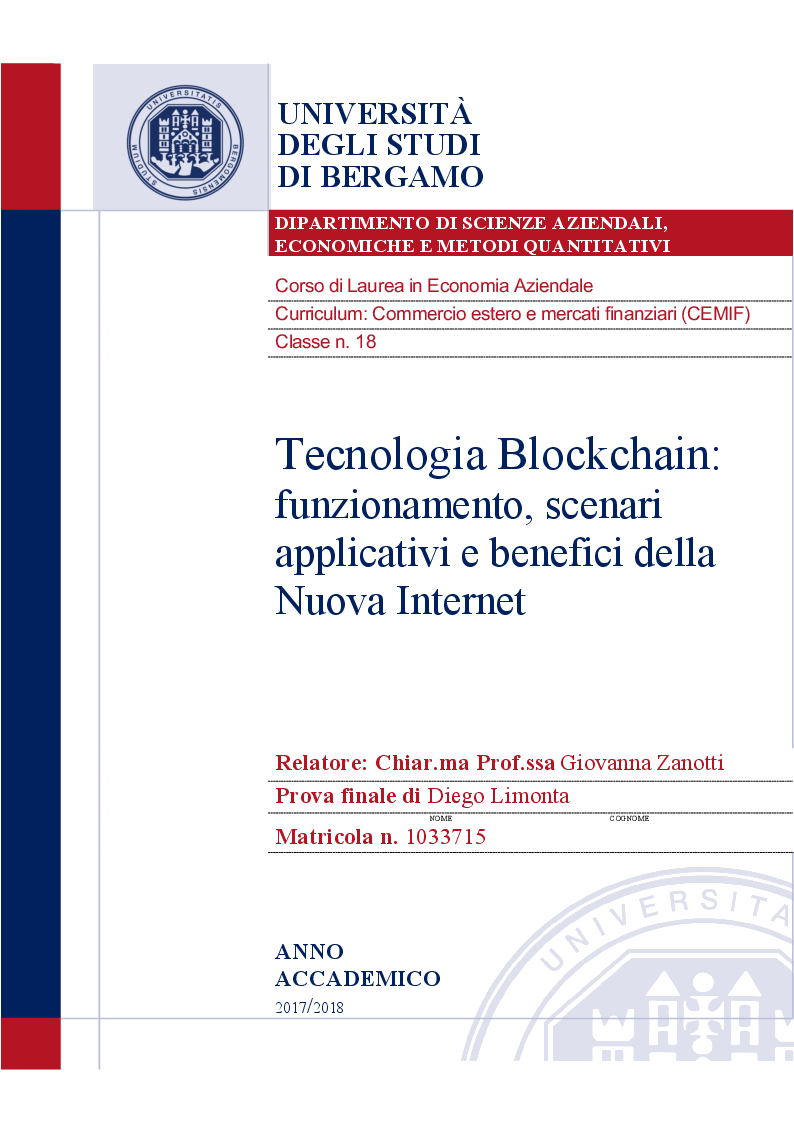 Anteprima della tesi: Tecnologia Blockchain: funzionamento, scenari applicativi e benefici della Nuova Internet, Pagina 1