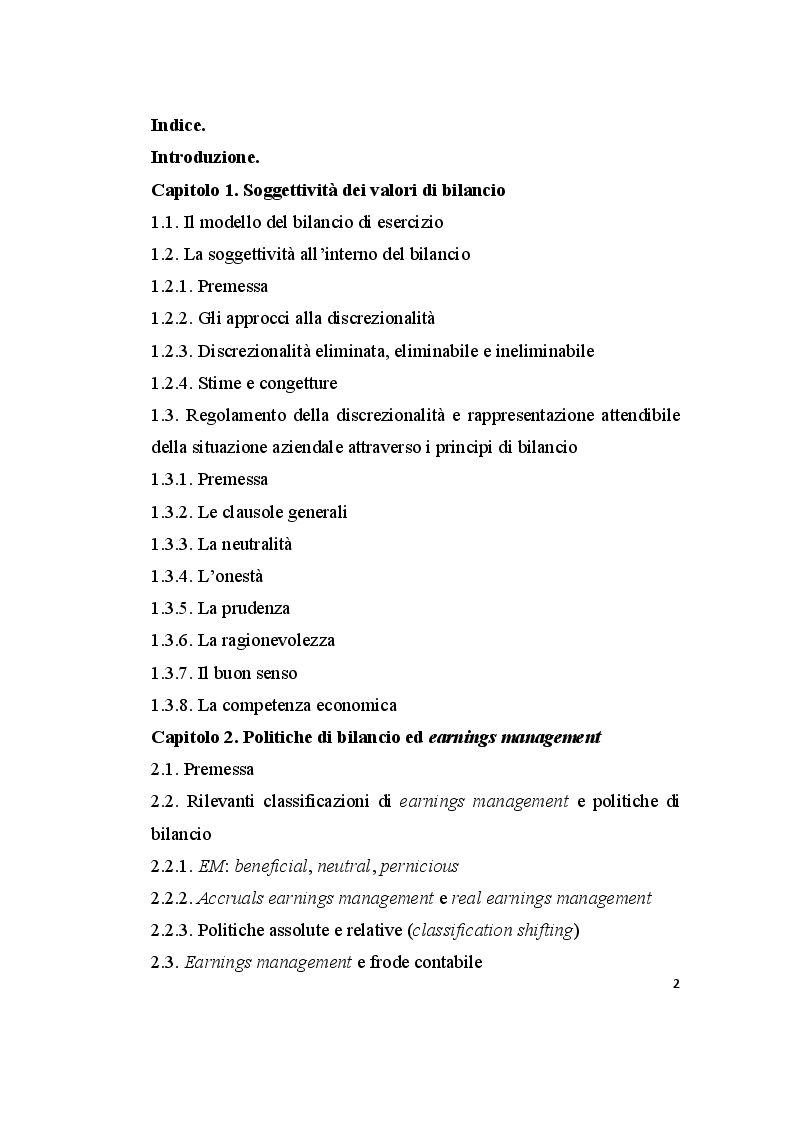 Indice della tesi: Le valutazioni di bilancio tra rigore normativo e soggettività interpretativa, Pagina 1