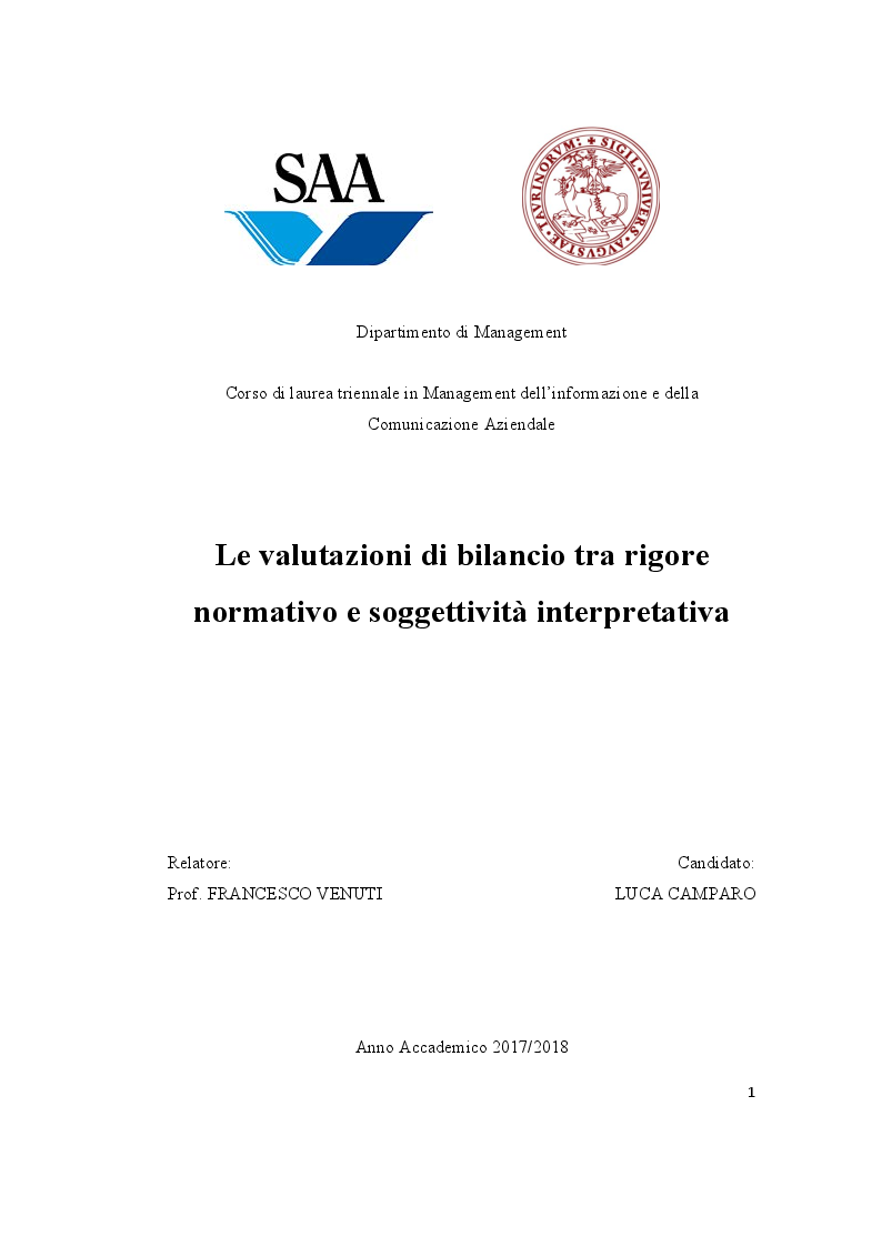 Anteprima della tesi: Le valutazioni di bilancio tra rigore normativo e soggettività interpretativa, Pagina 1