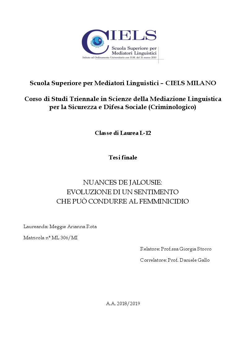 Anteprima della tesi: Nuances de jalousie: evoluzione di un sentimento che può condurre al femminicidio, Pagina 1