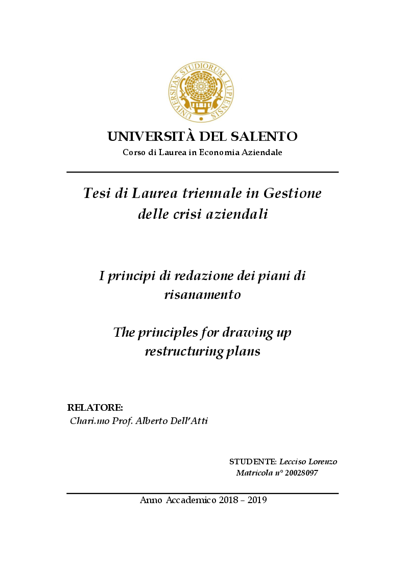 Anteprima della tesi: I principi di redazione dei piani di risanamento, Pagina 1