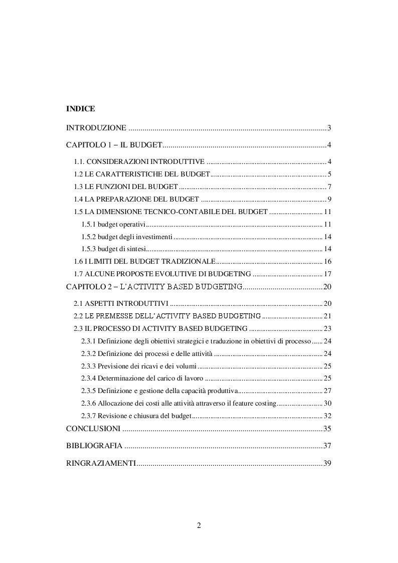 Indice della tesi: L'Activity Based Budget, Pagina 1