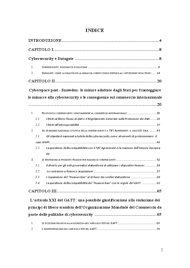 Indice della tesi: Gli standard a tutela della Cybersecurity e l'Organizzazione Mondiale del Commercio, Pagina 1