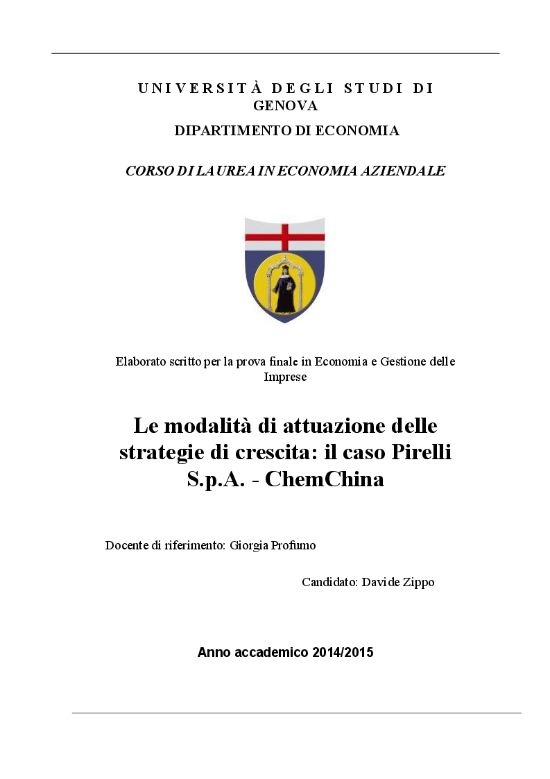 Anteprima della tesi: Le modalità di attuazione delle strategie di crescita: il caso Pirelli S.p.A. - ChemChina, Pagina 1