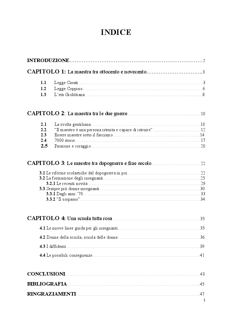 Indice della tesi: Le donne insegnanti nella scuola italiana, Pagina 1
