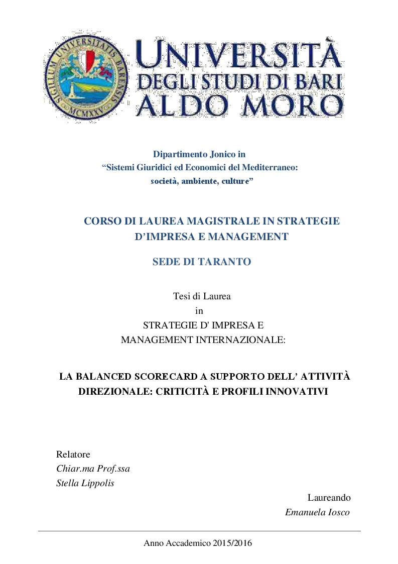 Anteprima della tesi: La Balanced Scorecard a supporto dell'attività direzionale: criticità e profili innovativi, Pagina 1