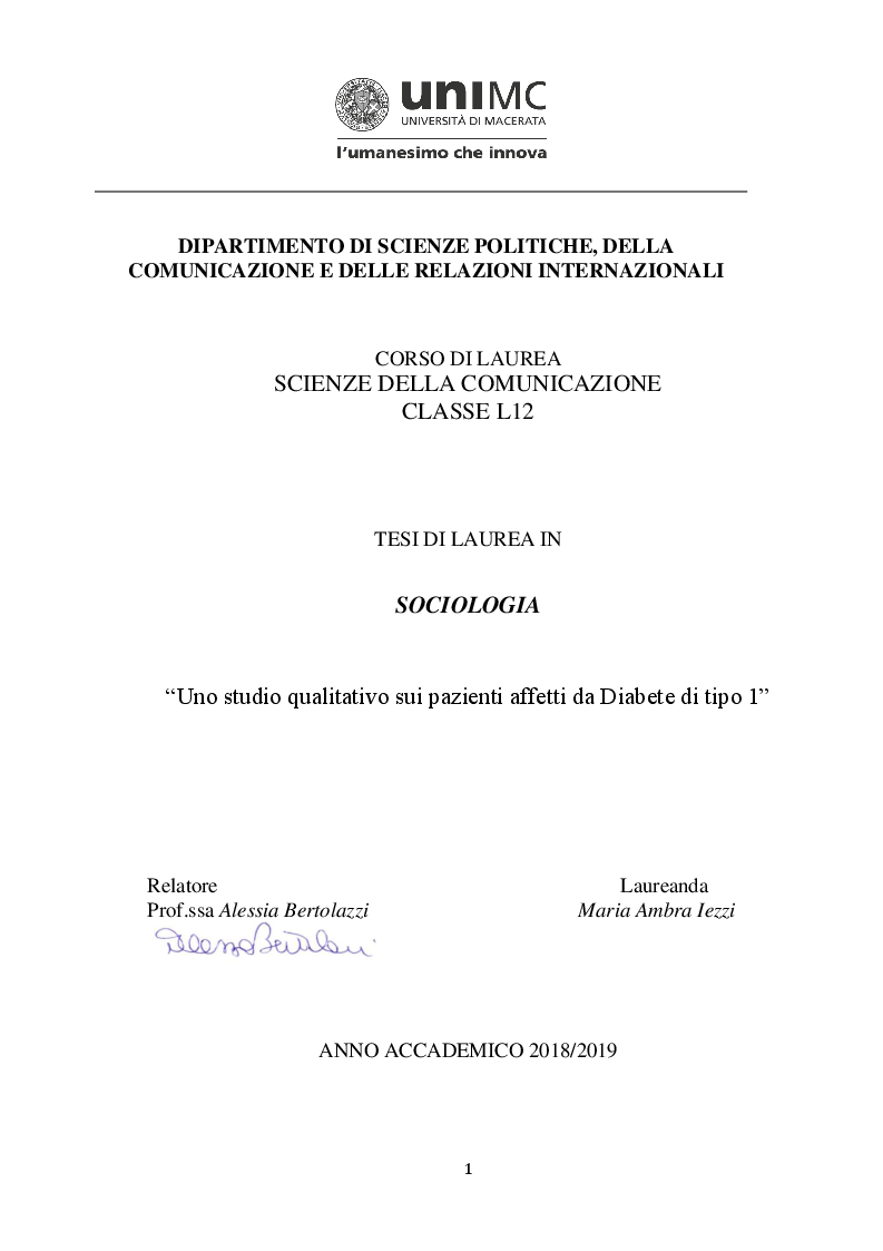 Anteprima della tesi: Uno studio qualitativo sui pazienti affetti da Diabete di tipo 1, Pagina 1