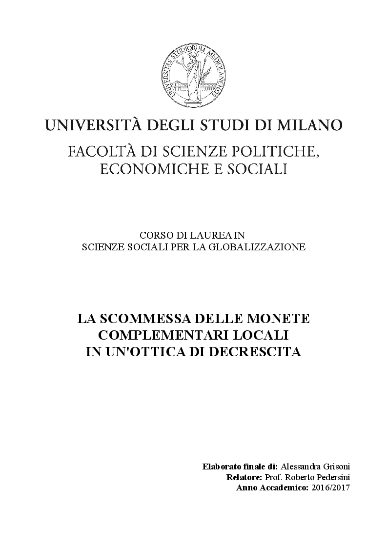 Anteprima della tesi: La scommessa delle monete complementari in un'ottica di decrescita, Pagina 1