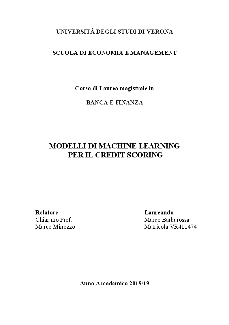 Anteprima della tesi: Modelli di Machine Learning per il Credit Scoring, Pagina 1