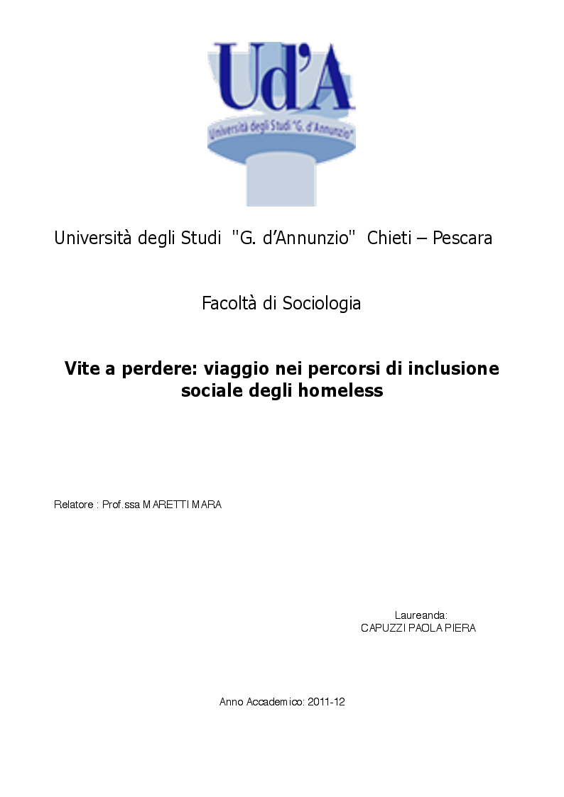 Anteprima della tesi: Vite a perdere: viaggio nei percorsi di inclusione sociale degli homeless, Pagina 1