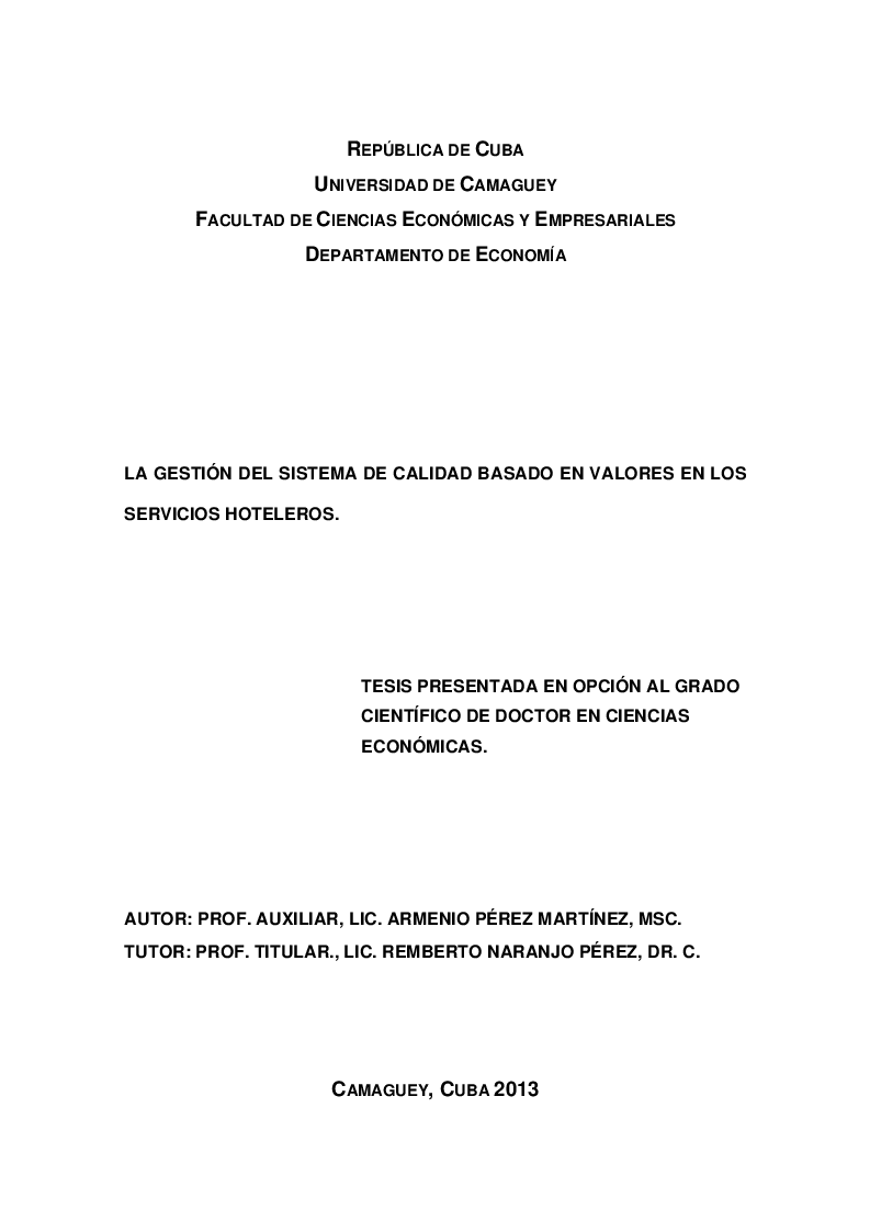 Anteprima della tesi: La gestión del sistema de calidad basado en valores en los servicios hoteleros, Pagina 1