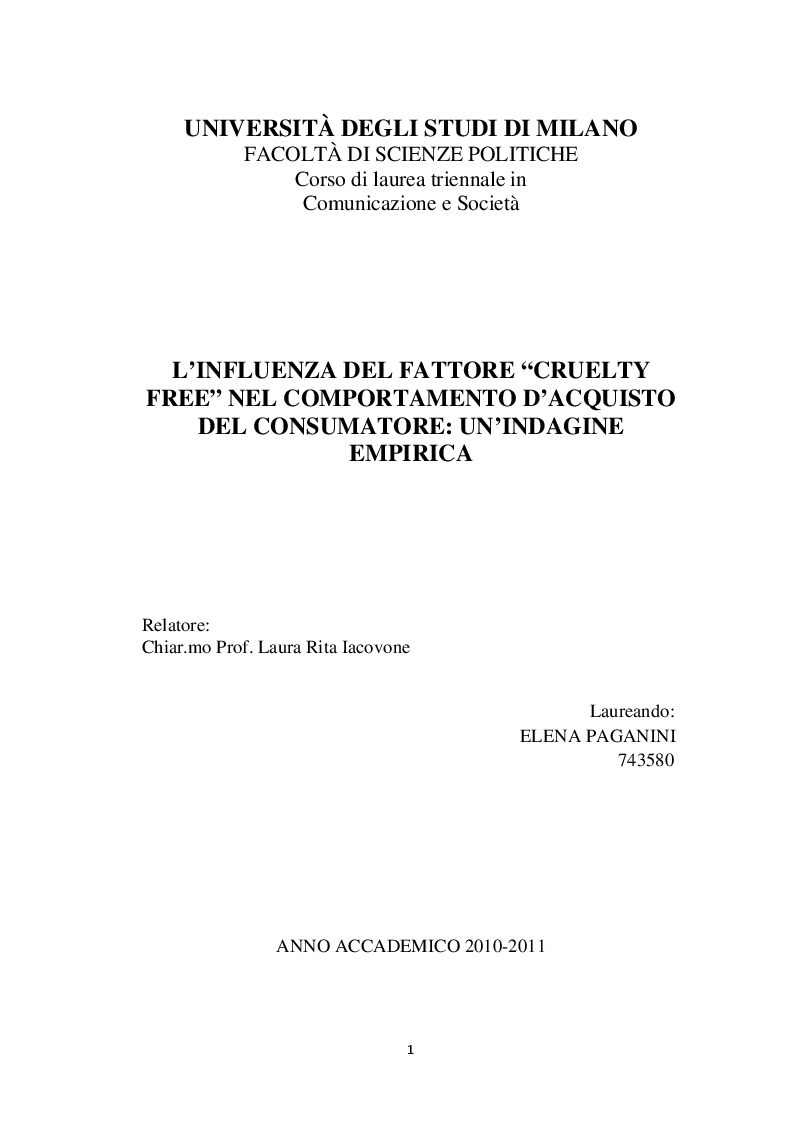 Anteprima della tesi: L'influenza del fattore "cruelty free" nel comportamento d'acquisto del consumatore: un'indagine empirica, Pagina 1