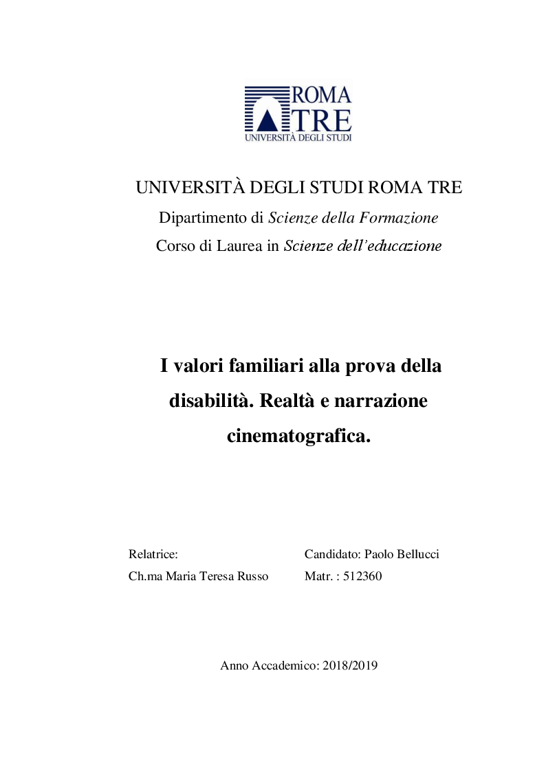 Anteprima della tesi: I valori familiari alla prova della disabilità. Realtà e narrazione cinematografica, Pagina 1