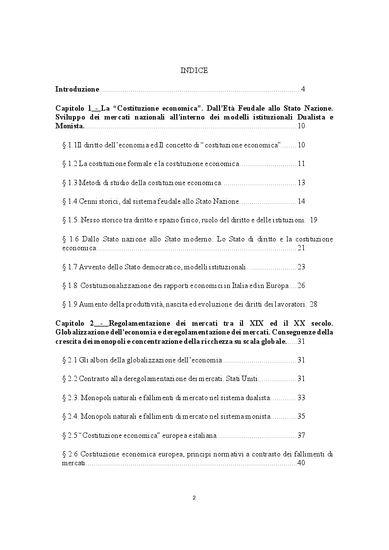 Indice della tesi: La "Costituzione economica" nel contesto della globalizzazione dell'economia. Crescita dei monopoli e concentrazione della ricchezza su scala globale. Ruolo regolatore degli organismi internazionali, Pagina 1