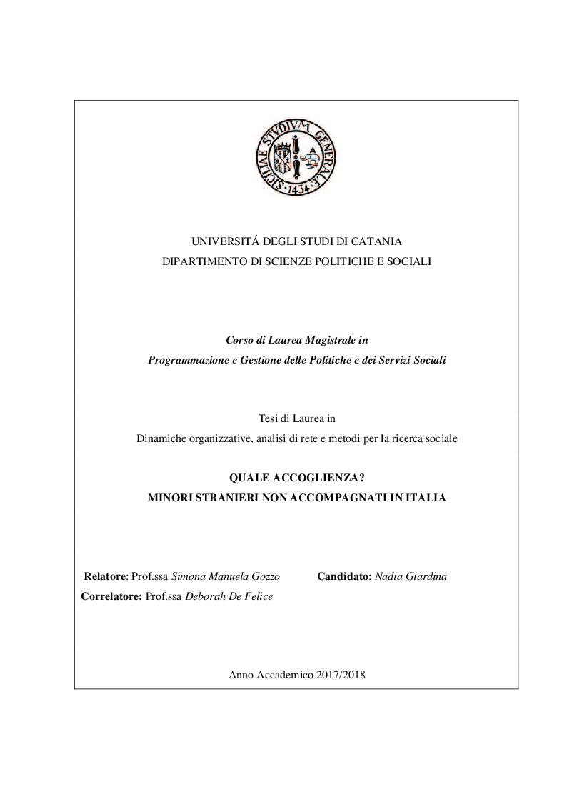 Anteprima della tesi: Quale accoglienza? Minori stranieri non accompagnati in Italia, Pagina 1