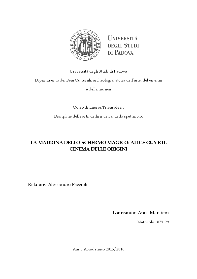 Anteprima della tesi: La madrina dello schermo magico: Alice Guy e il cinema delle origini, Pagina 1