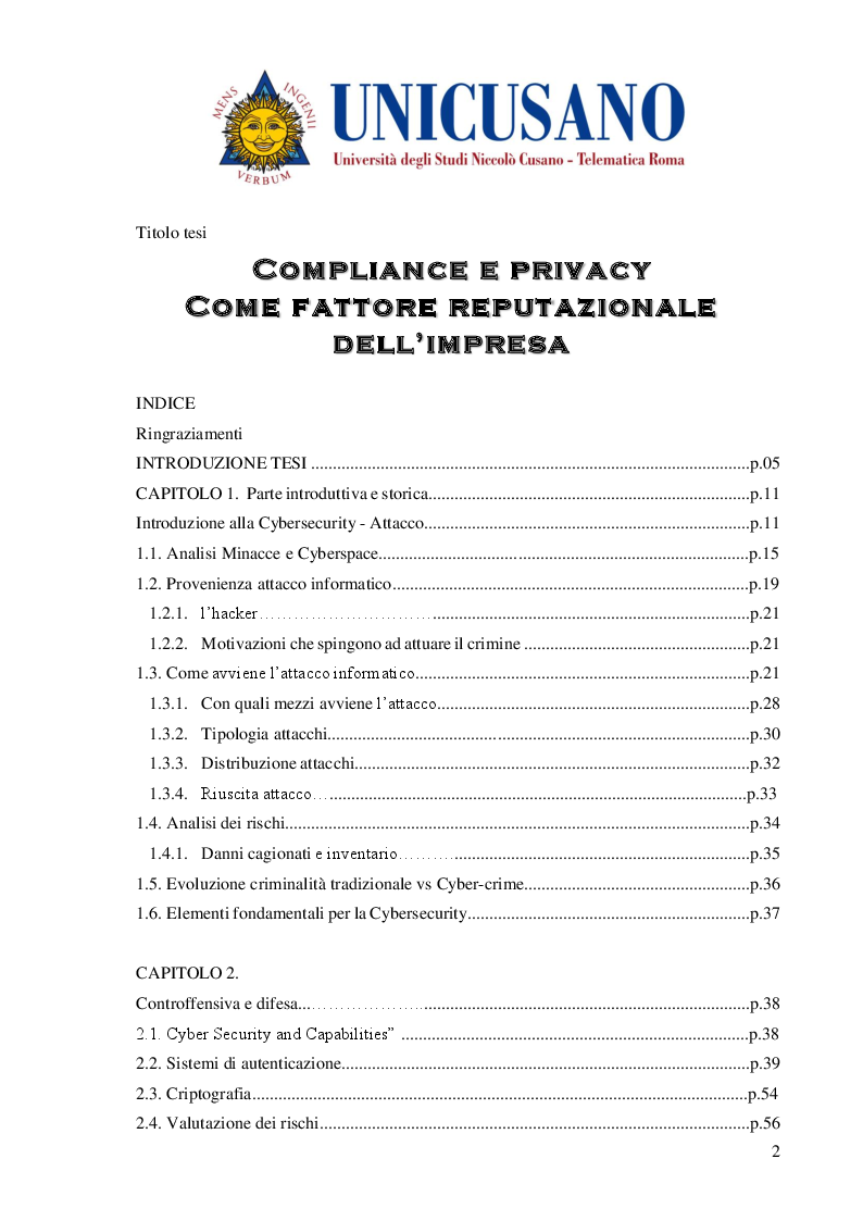 Indice della tesi: Cyber Security Compliance e privacy Come fattore reputazionale dell’impresa, Pagina 1