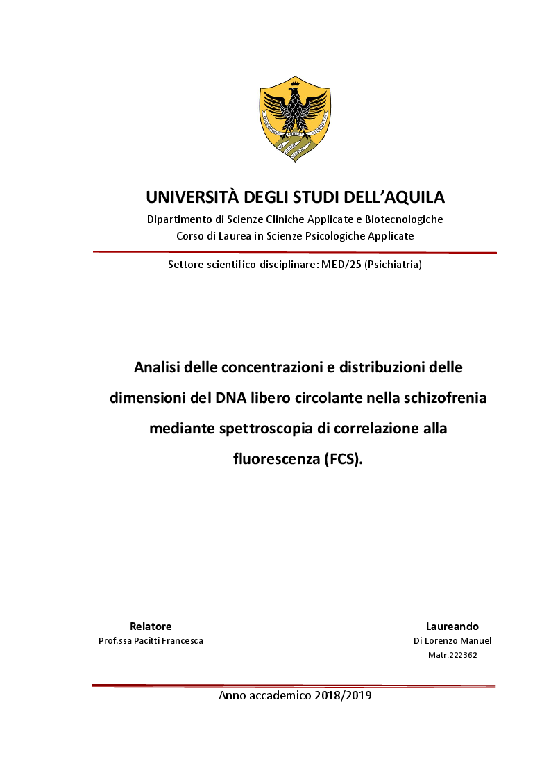 Anteprima della tesi: Analisi delle concentrazioni e distribuzioni delle dimensioni del DNA libero circolante nella schizofrenia mediante spettroscopia di correlazione alla fluorescenza, Pagina 1
