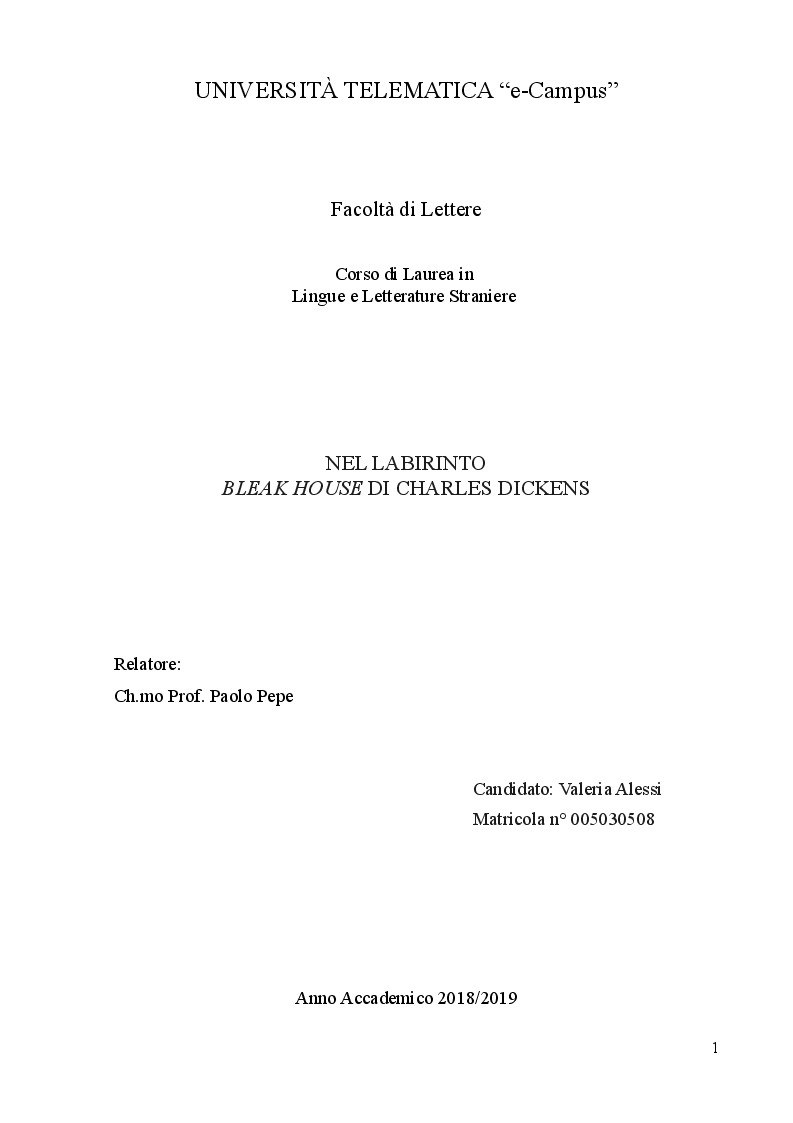 Anteprima della tesi: Nel labirinto. Bleak House di Charles Dickens, Pagina 1