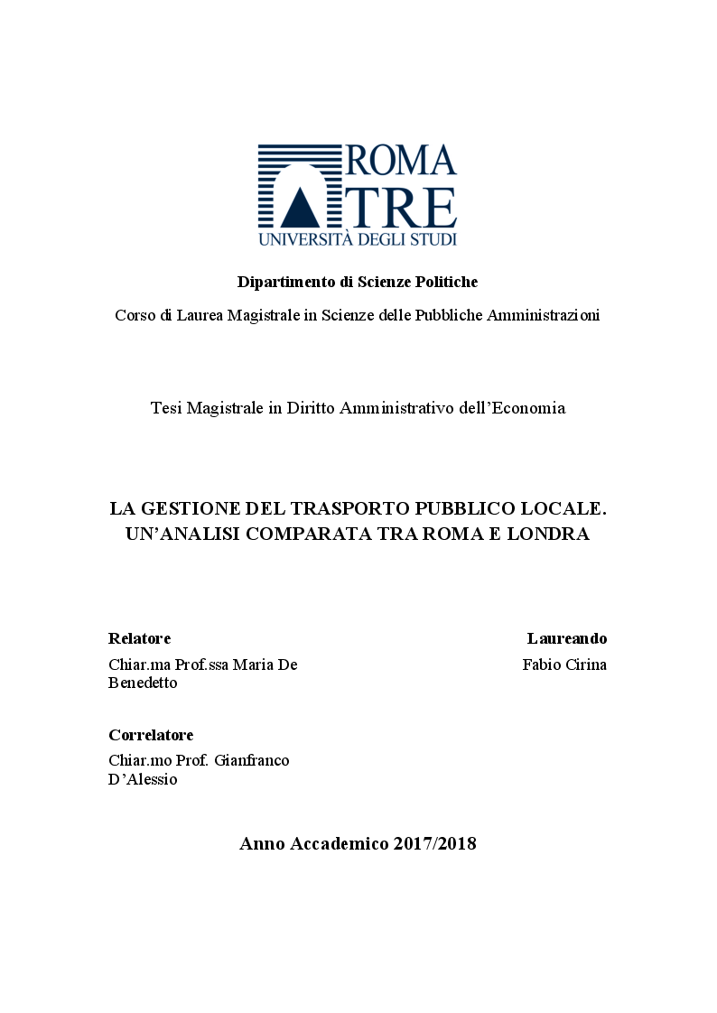 Anteprima della tesi: La gestione del trasporto pubblico locale. Un'analisi comparata tra Roma e Londra, Pagina 1