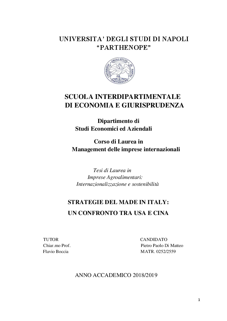 Anteprima della tesi: Strategie del Made In Italy: Un confronto tra USA e Cina, Pagina 1