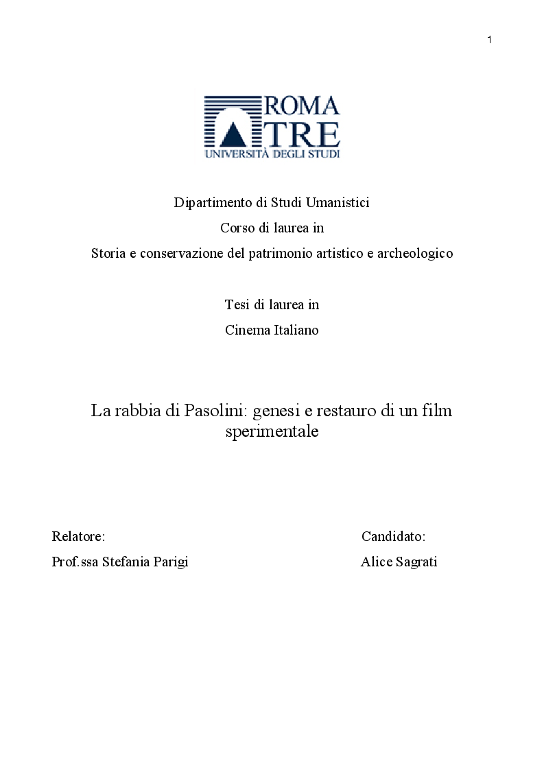 Anteprima della tesi: La rabbia di Pasolini: genesi, restauro ed iconografia di un film sperimentale, Pagina 1