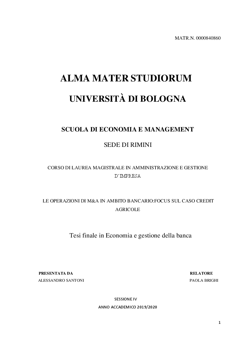 Anteprima della tesi: Le operazioni di fusione e acquisizione in ambito bancario: focus sul caso Crédit Agricole, Pagina 1