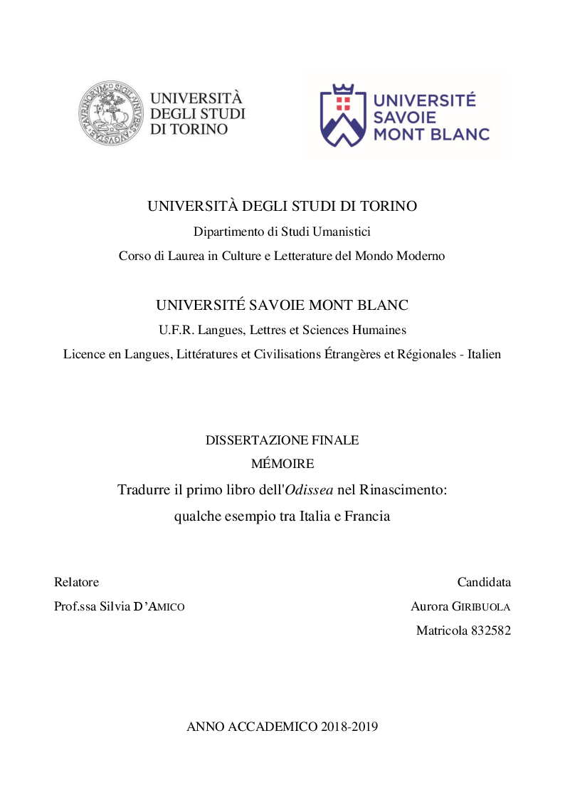 Anteprima della tesi: Tradurre il primo libro dell'Odissea nel Rinascimento: qualche esempio tra Italia e Francia, Pagina 1