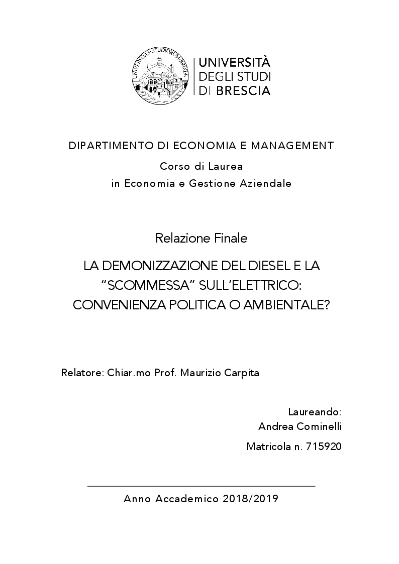 Anteprima della tesi: La demonizzazione del diesel e la “scommessa” sull'elettrico: convenienza politica o ambientale?, Pagina 1