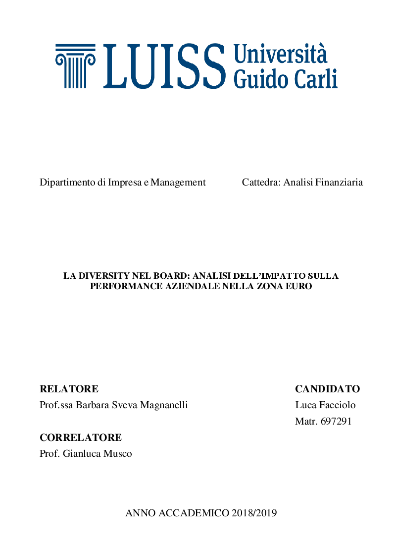 Anteprima della tesi: La Diversity nel Board: analisi dell'impatto sulla performance aziendale nella Zona Euro, Pagina 1
