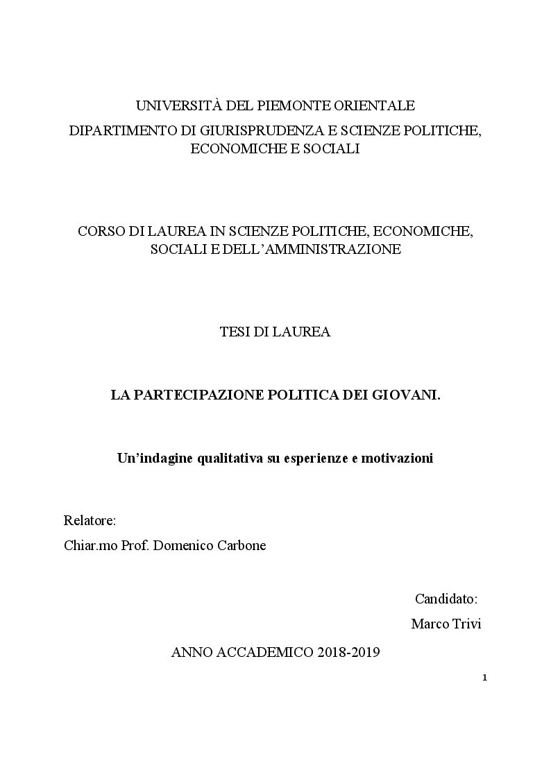 Anteprima della tesi: La partecipazione politica dei giovani. Un’indagine qualitativa su esperienze e motivazioni, Pagina 1