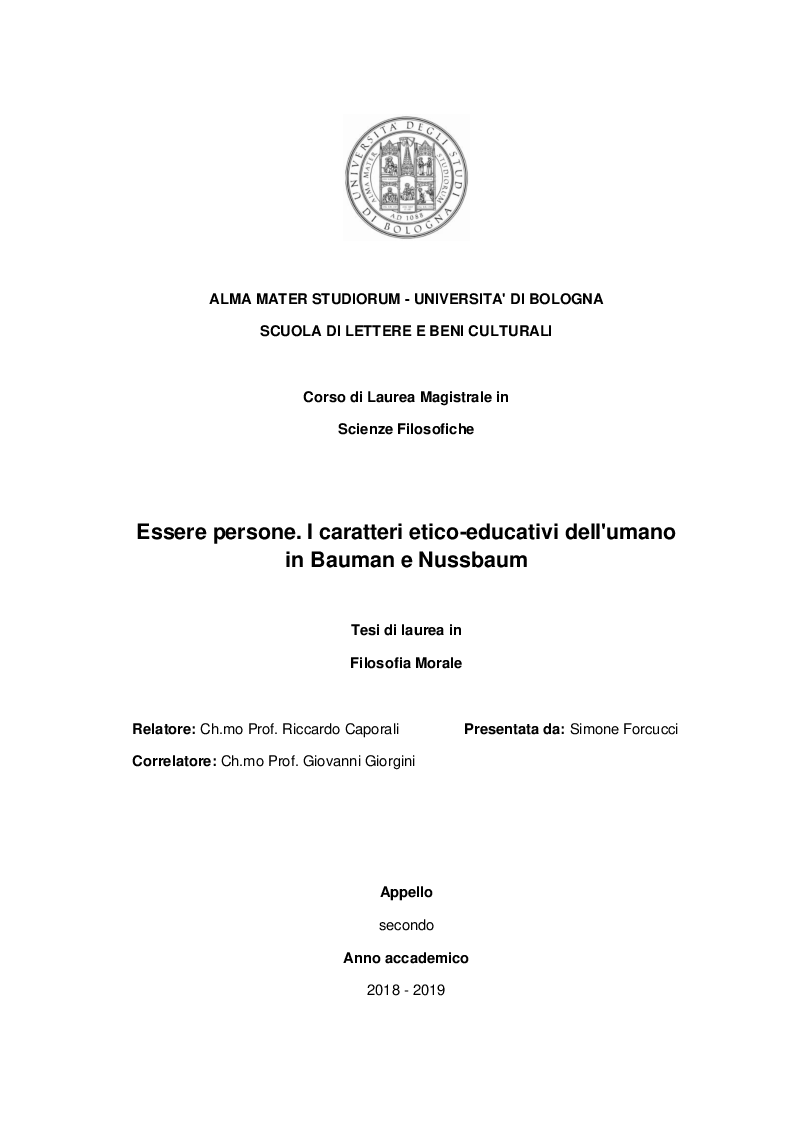 Anteprima della tesi: Essere persone. I caratteri etico-educativi dell'umano in Bauman e Nussbaum, Pagina 1