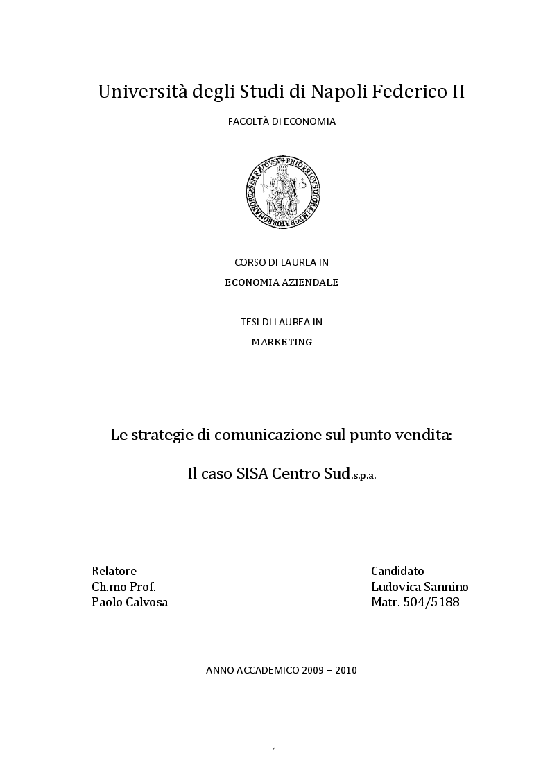 Anteprima della tesi: Le strategie di comunicazione sul punto vendita: Il caso SISA Centro Sud s.p.a, Pagina 1