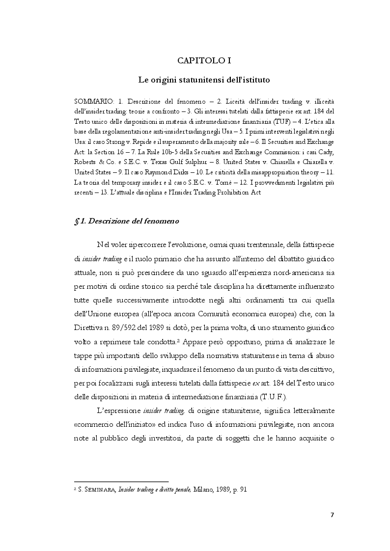 Anteprima della tesi: L'insider trading dalle origini statunitensi alla disciplina comunitaria e italiana: la sistematica punitiva, Pagina 4