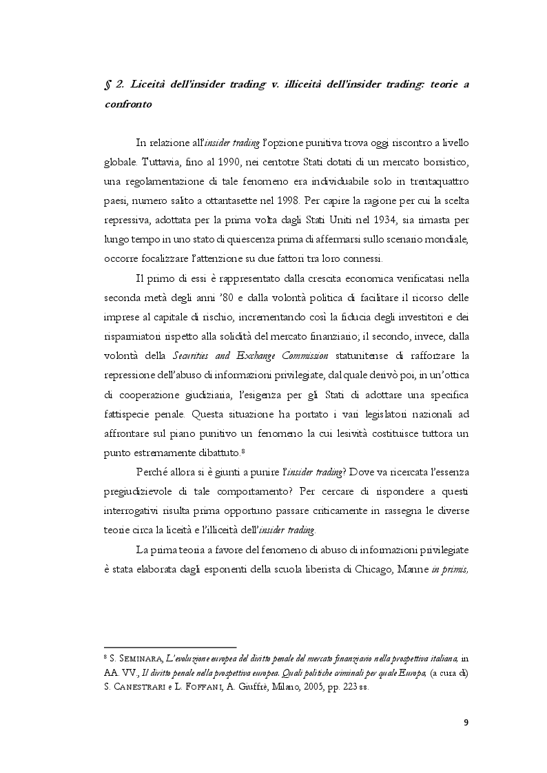 Anteprima della tesi: L'insider trading dalle origini statunitensi alla disciplina comunitaria e italiana: la sistematica punitiva, Pagina 6