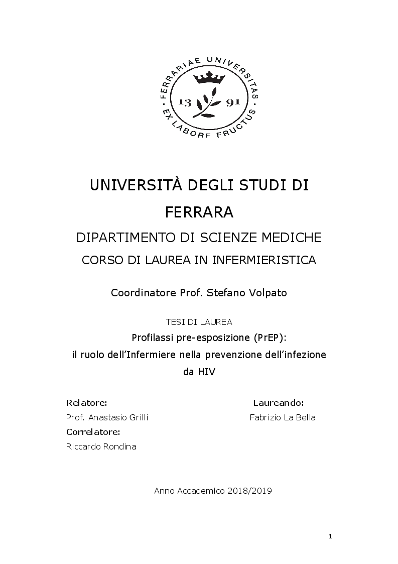 Anteprima della tesi: Profilassi pre-esposizione (PrEP): il ruolo dell’Infermiere nella prevenzione dell’infezione da HIV, Pagina 1