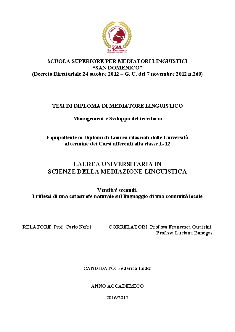 Anteprima della tesi: Ventitré secondi. I riflessi di una catastrofe naturale sul linguaggio di una comunità locale, Pagina 1