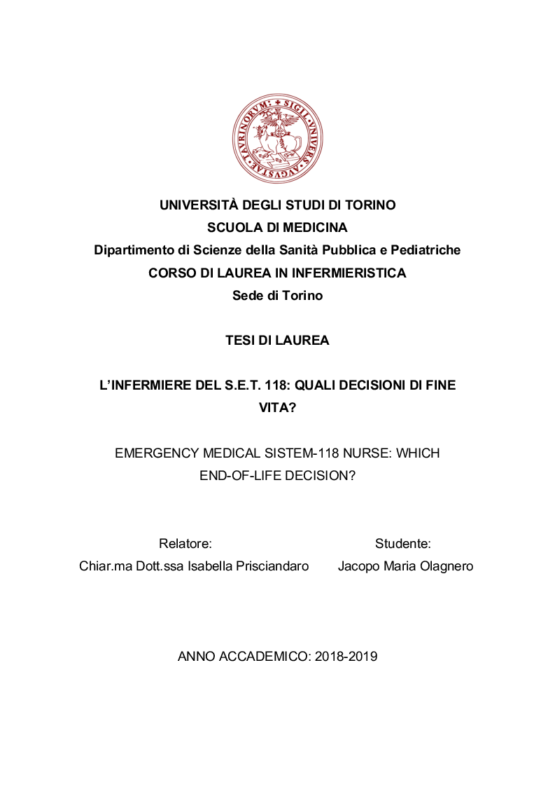 Anteprima della tesi: L'Infermiere del S.E.T. 118: quali decisioni di fine vita?, Pagina 1