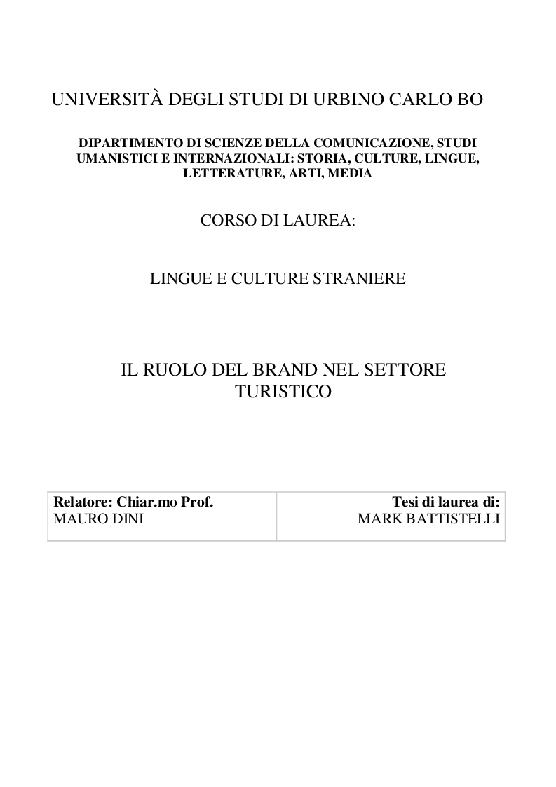 Anteprima della tesi: Il ruolo del brand nel settore turistico, Pagina 1