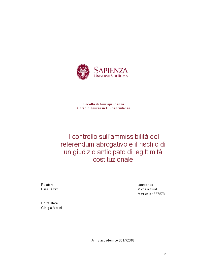 Anteprima della tesi: Il controllo sull’ammissibilità del referendum abrogativo e il rischio di un giudizio anticipato di legittimità costituzionale, Pagina 1