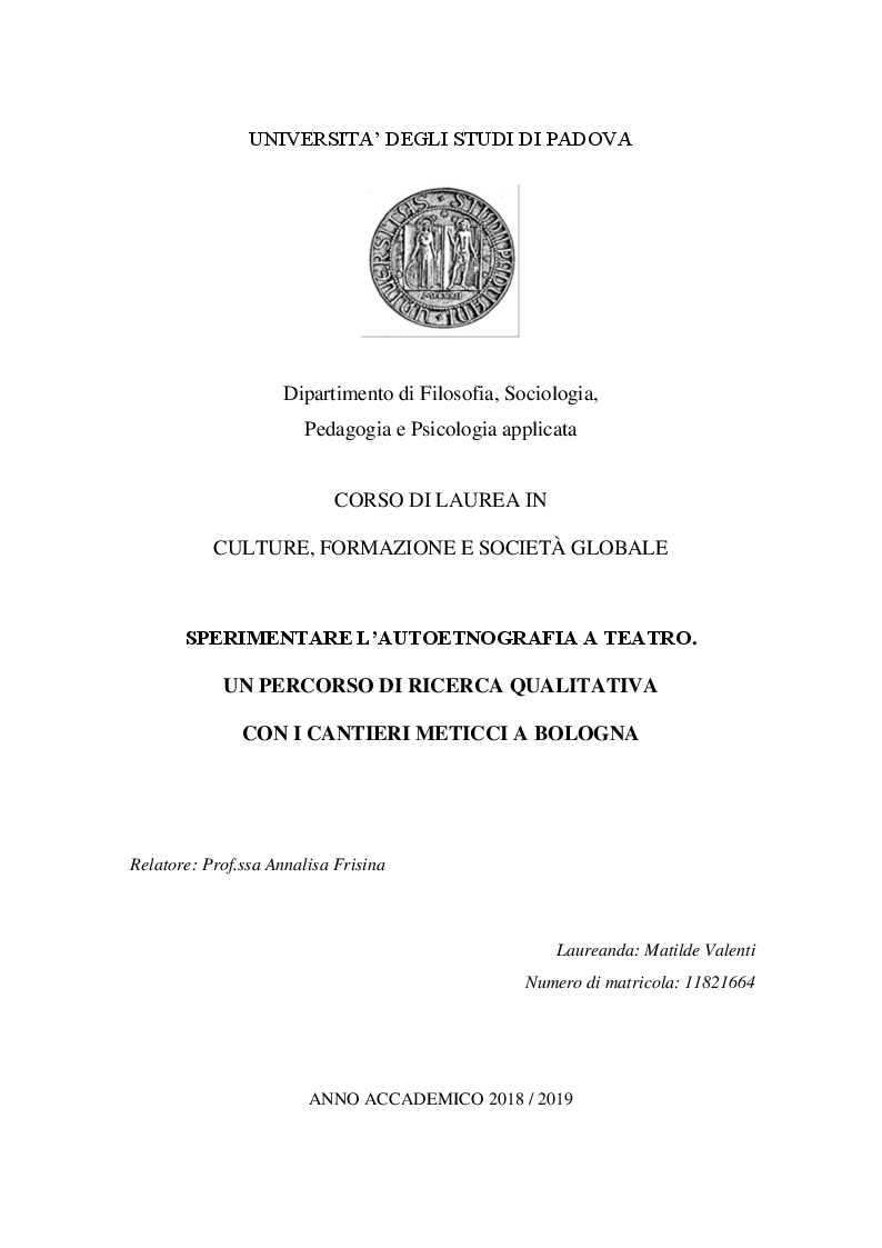 Anteprima della tesi: Sperimentare l'autoetnografia a teatro. Un percorso di ricerca qualitativa con i Cantieri Meticci a Bologna, Pagina 1