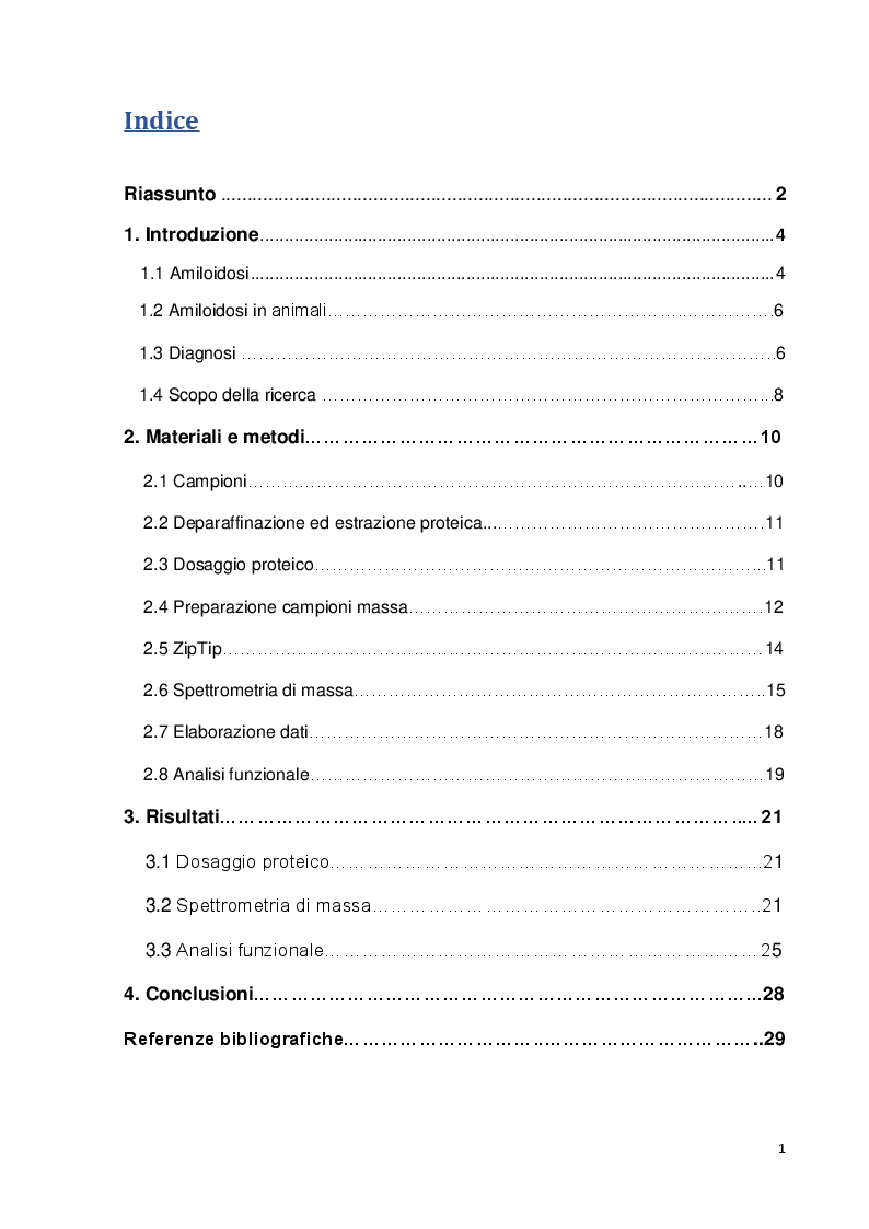 Indice della tesi: Analisi proteomica del tessuto renale di gatti abissini affetti da amiloidosi, Pagina 1