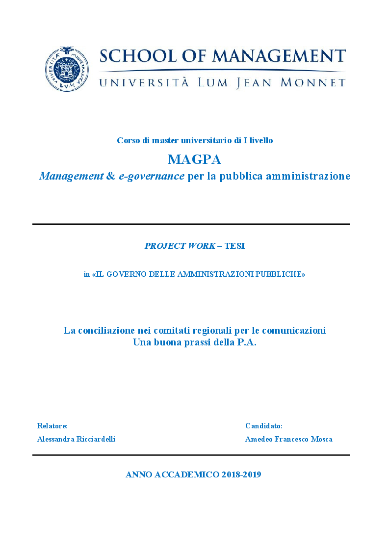Anteprima della tesi: La conciliazione nei comitati regionali per le comunicazioni. Una buona prassi della P.A., Pagina 1