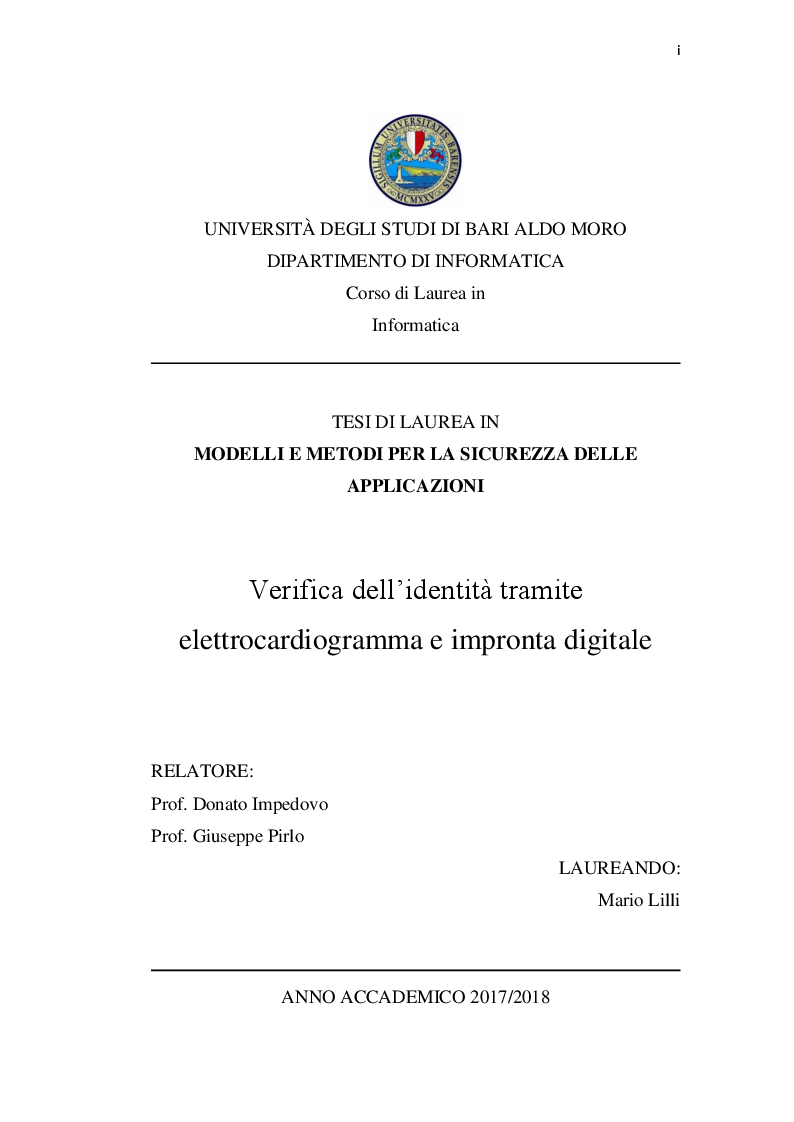 Anteprima della tesi: Verifica dell'identità tramite elettrocardiogramma e impronta digitale, Pagina 1