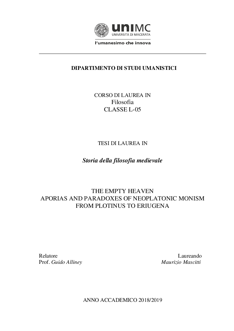 Anteprima della tesi: Il paradiso disabitato. Aporie e paradossi del monismo neoplatonico da Plotino a Eriugena, Pagina 1
