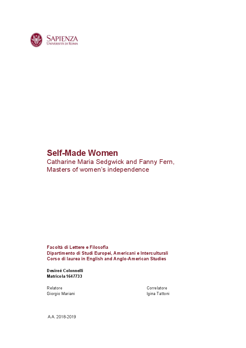 Anteprima della tesi: Self-Made Women - Catharine Maria Sedgwick and Fanny Fern, masters of women's independence, Pagina 1