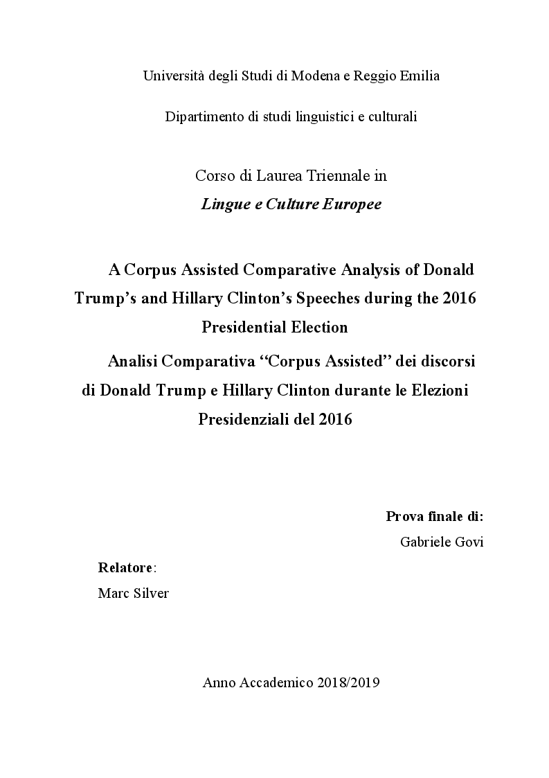 Anteprima della tesi: A Corpus Assisted Comparative Analysis of Donald Trump’s and Hillary Clinton’s Speeches during the 2016 Presidential Election, Pagina 1