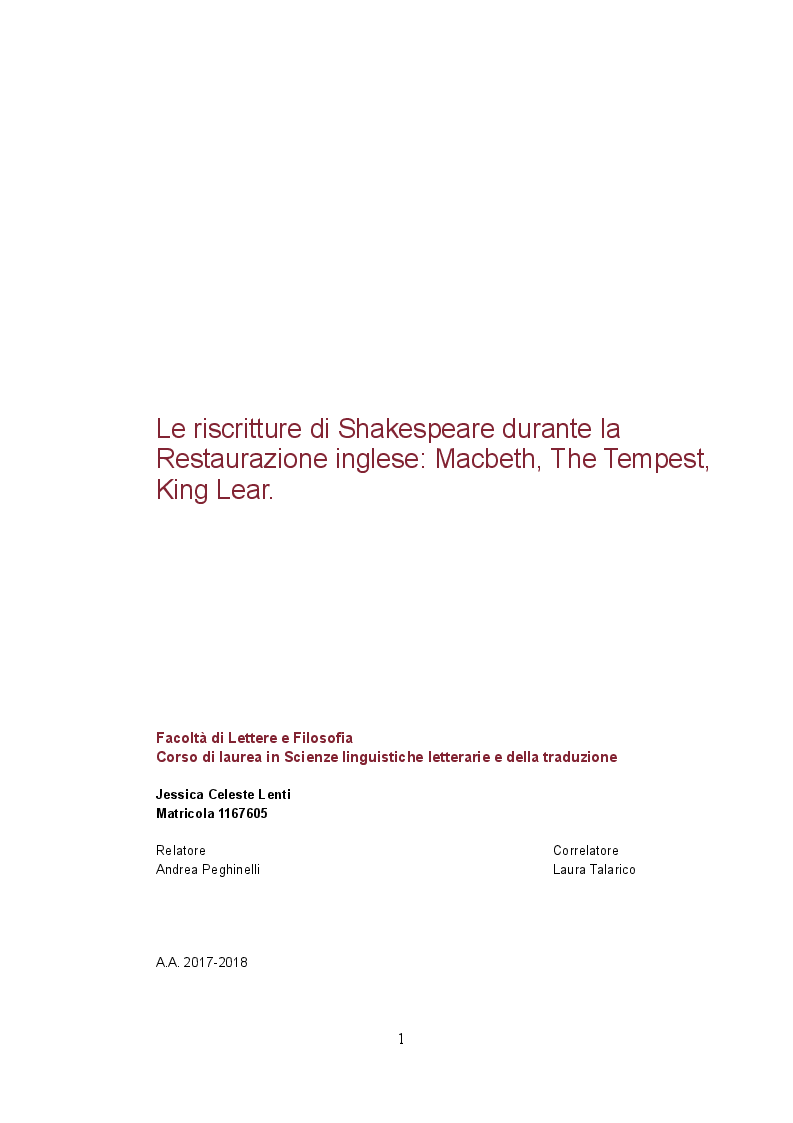 Anteprima della tesi: Le riscritture di Shakespeare durante la Restaurazione inglese: Macbeth, The Tempest, King Lear., Pagina 1